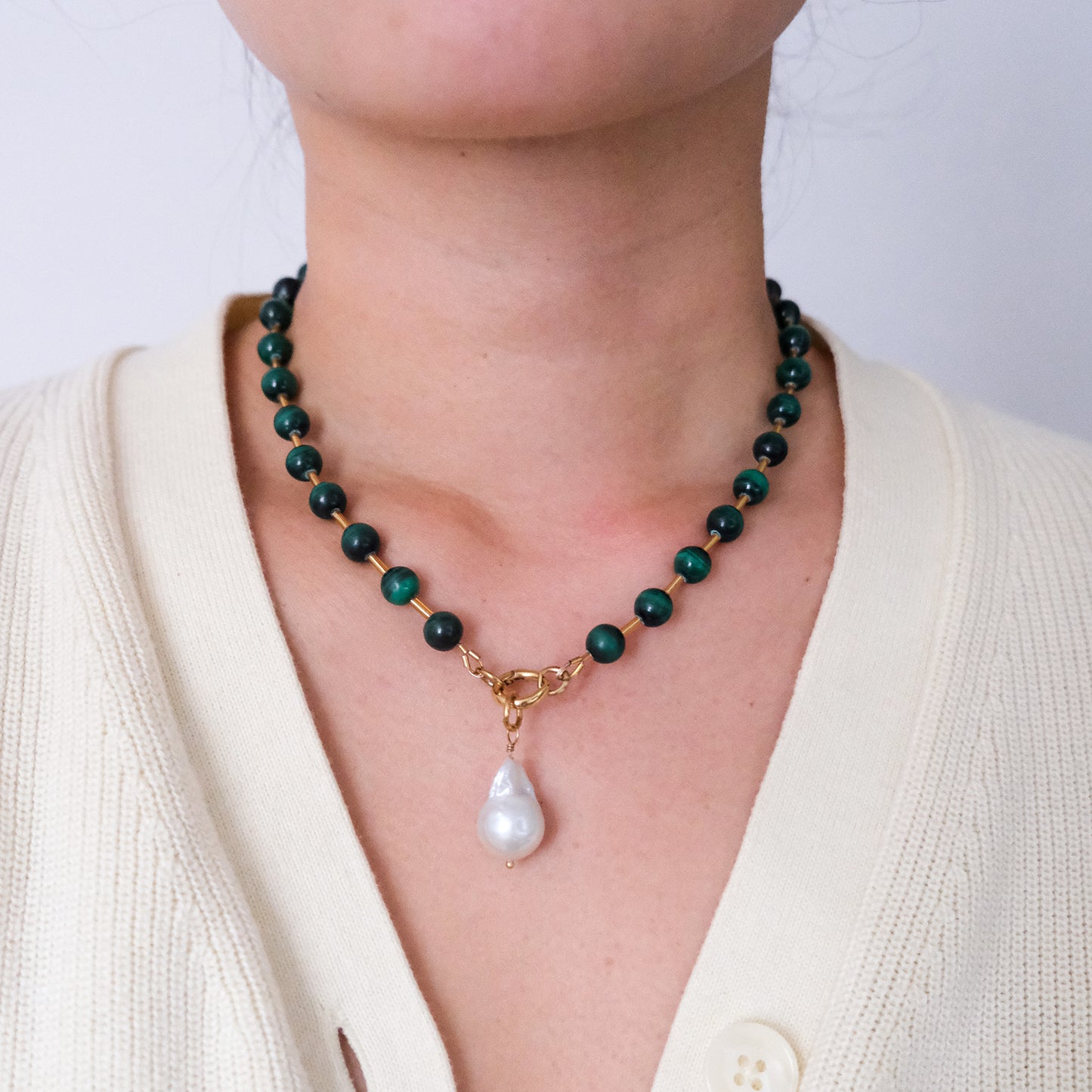 Mimi Beaded Ball Chain Necklace Malachite