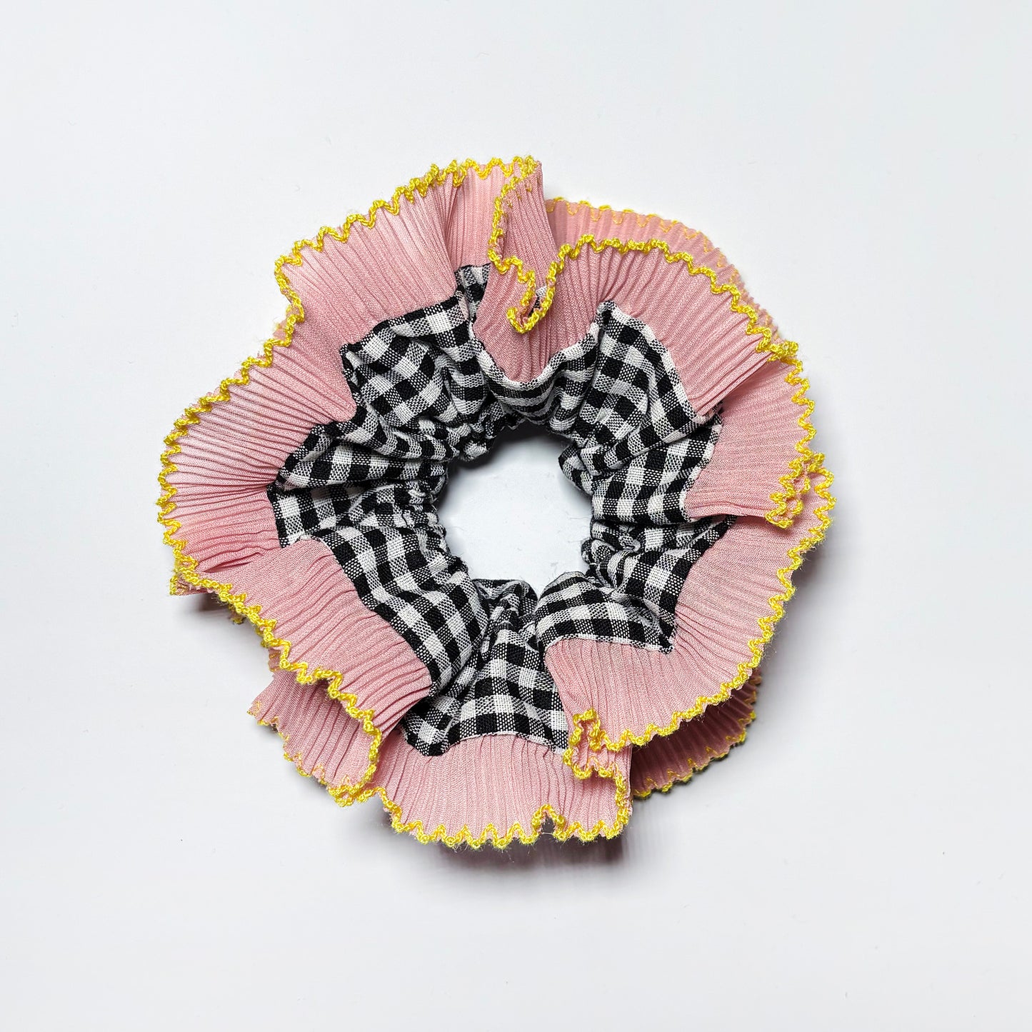 Amelia Ruffle Scrunchie Black Gingham/Pink