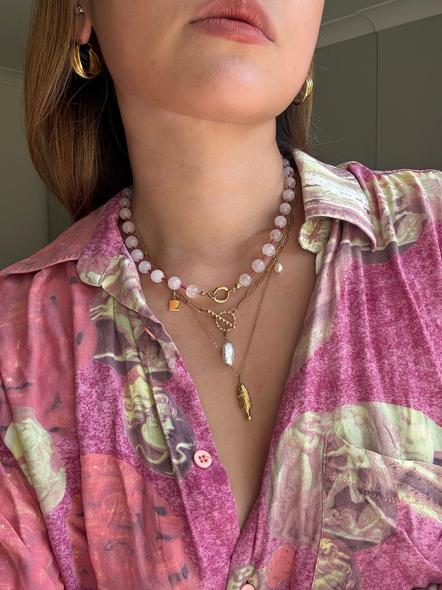 Mimi Beaded Ball Chain Necklace Rose Quartz/Red/Gold
