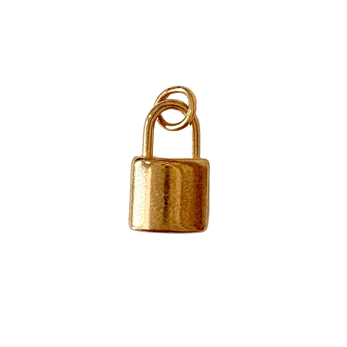 Gold padlock charm on a white background