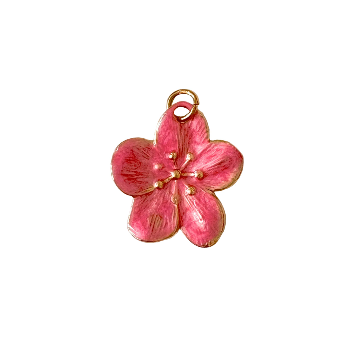 Pink flower-shaped pendant with gold accents on a white background