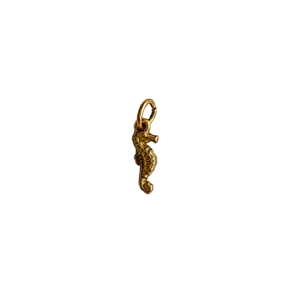 Gold seahorse charm on a white textured background