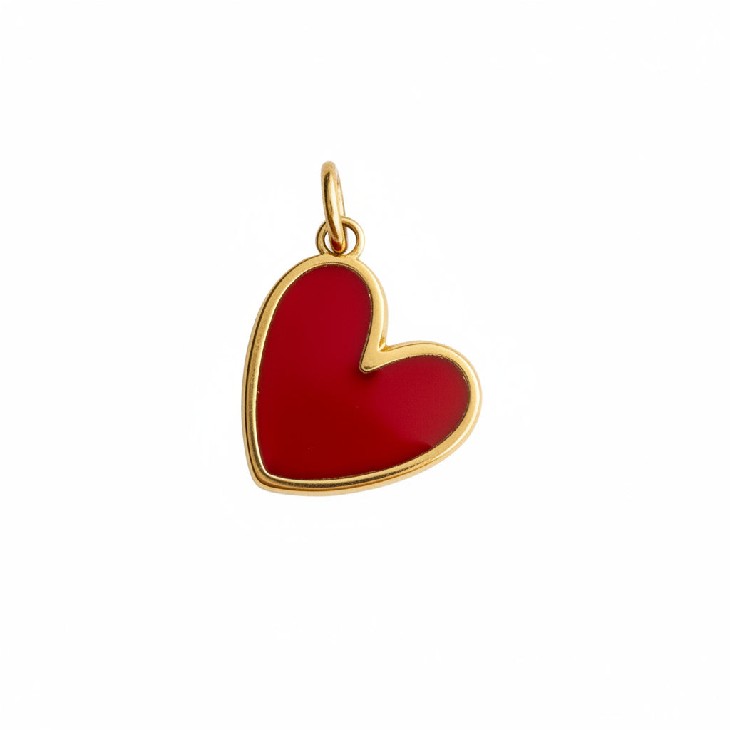 Red heart-shaped pendant with gold border on a white background