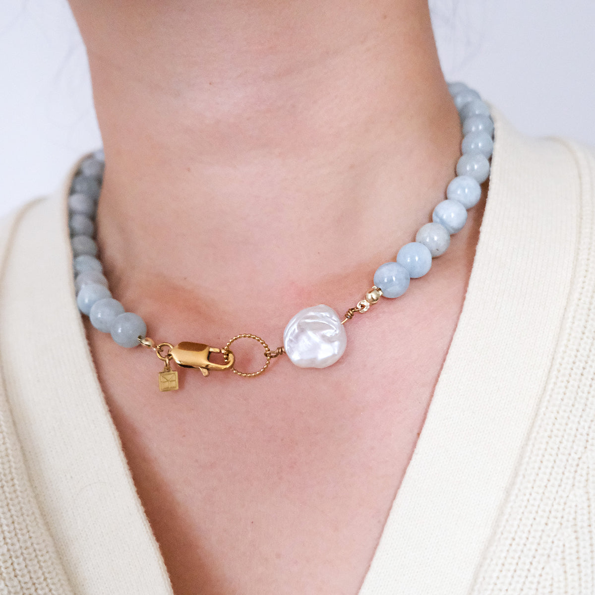 Lara Necklace With A Keshi Pearl Large Aquamarine