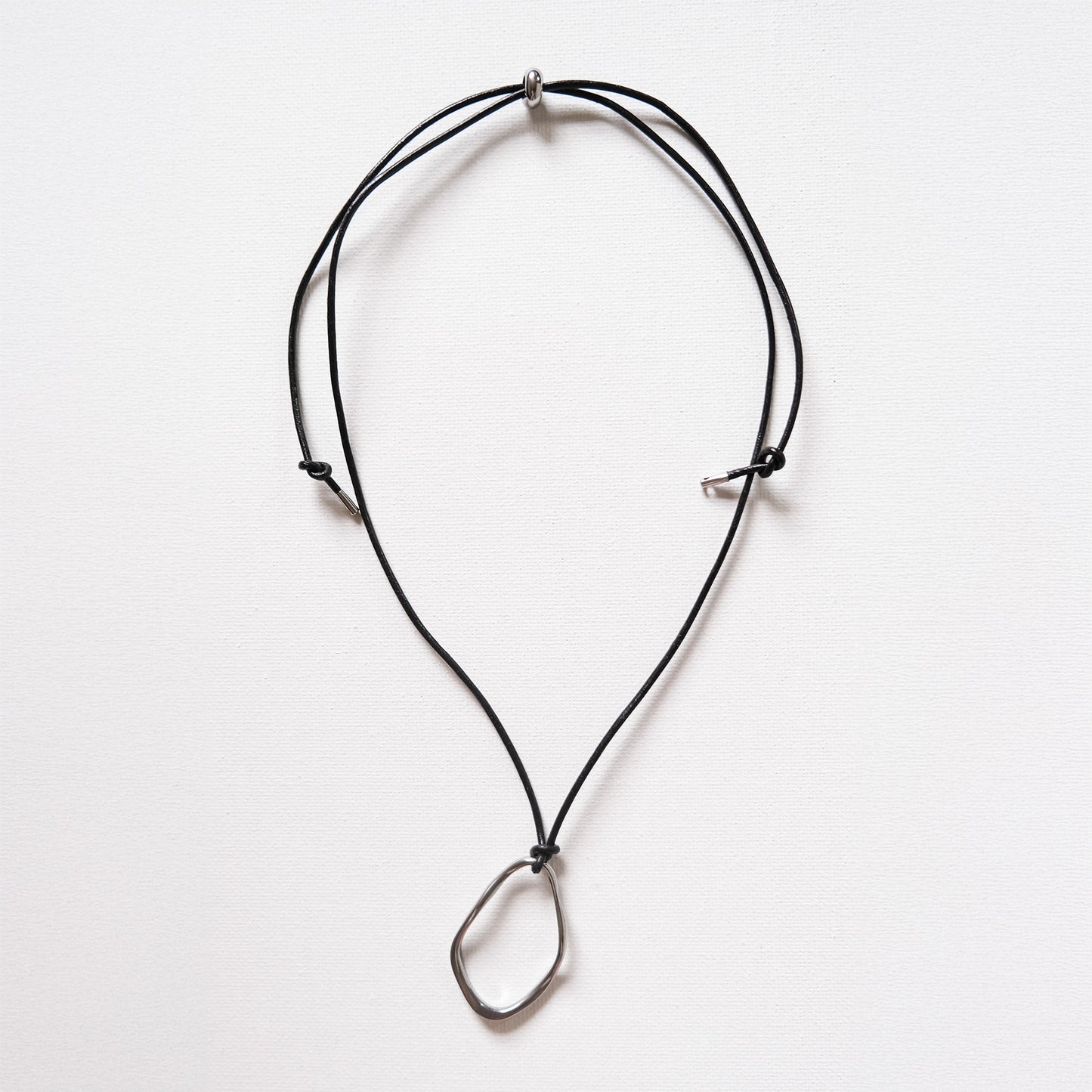 Leather Cord Necklace with Abstract Oval Pendant Silver