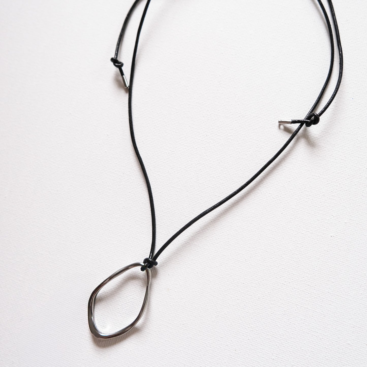 Leather Cord Necklace with Abstract Oval Pendant Silver