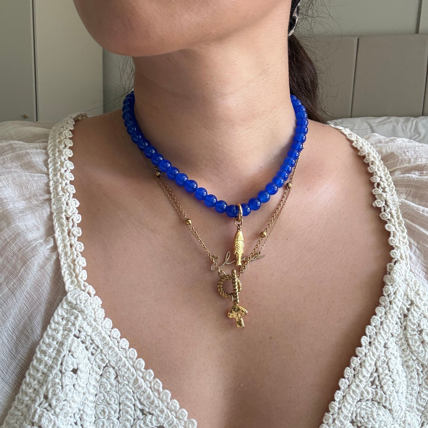 Glass Bead Necklace with a Detachable Fish Pendant Cobalt Blue