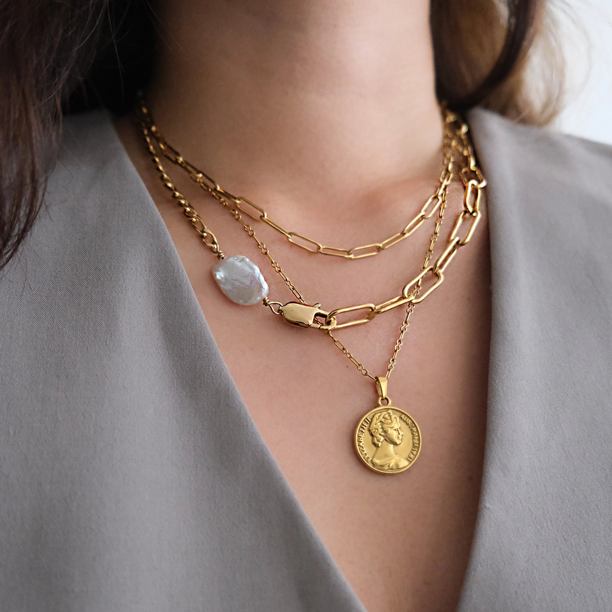 Adella Mix Chain Necklace with A Keshi Pearl Gold