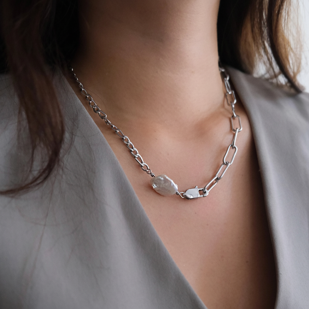 Adella Mix Chain Necklace with A Keshi Pearl Silver