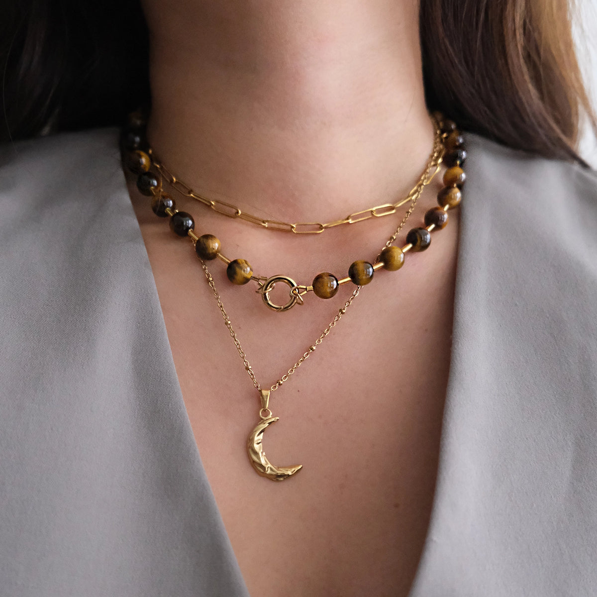 Mimi Beaded Ball Chain Necklace Tiger's Eye