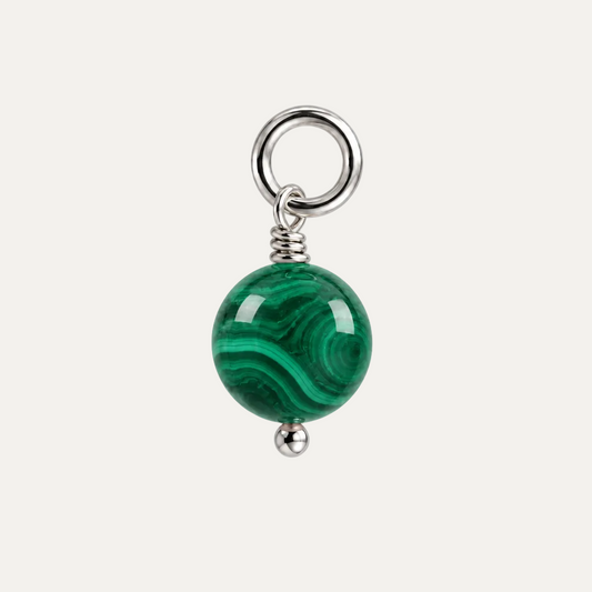 A green malachite bead charm with a polished round green stone showing natural banding, attached to a silver metal ring and small silver wire wrap, on a plain white background.