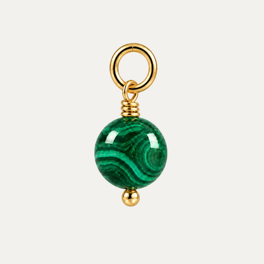 A green malachite stone bead charm with a gold-tone ring and wire-wrapped details, shown on a solid white background.