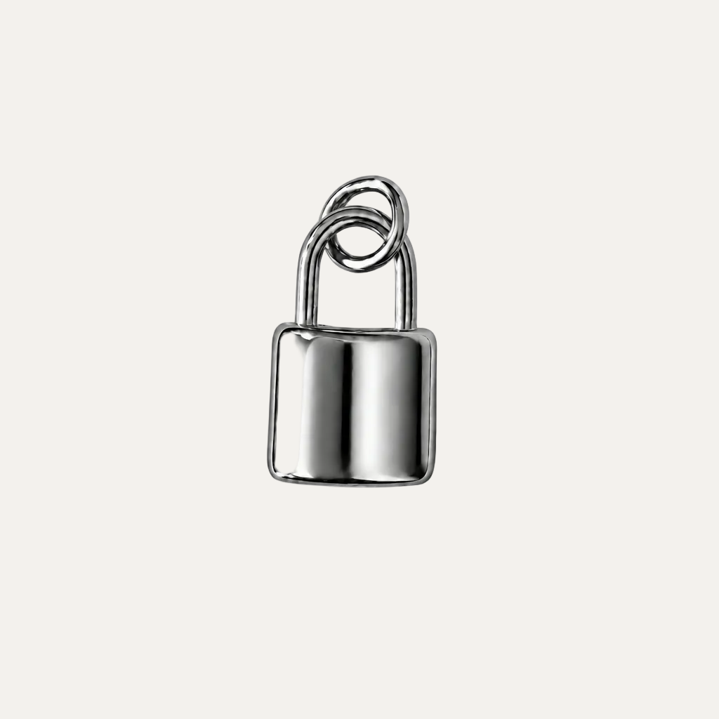 A polished silver padlock charm with a smooth, reflective finish and a hanging loop at the top, centered on a plain white background.