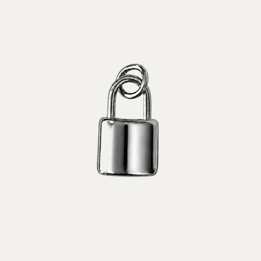 A polished silver padlock charm with a smooth, reflective finish and a hanging loop at the top, centered on a plain white background.