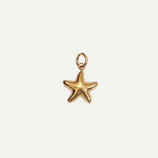 A small gold starfish charm with a polished finish and a top loop, centered on a plain white background.